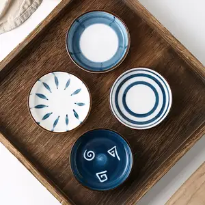 日式白蓝陶瓷蘸调味盘廉价陶器石器迷你深酱油盘