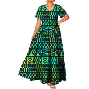 Vestido Casual Elegante y Ecológico con Estilo Marquesino y Tatuaje Polinesio Personalizado, Cuello en V y Manga Corta para Mujer, Envío Directo desde Fábrica, 1 MOQ - Product Image 3