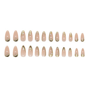24 Uñas Postizas 3D Doradas, Medianas, Largas, Almendradas, Estilo Armadura, <span class=keywords><strong>con</strong></span> Perlas, Uñas a Presión - Product Image 5