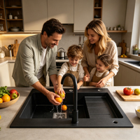 Évier de cuisine en granit composite personnalisé, évier de salle de bain en pierre de quartz à cuve unique, évier de cuisine à montage sur plan noir mat, évier de poste de travail de cuisine