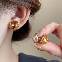 Boucles d'oreilles en pierre naturelle de couleur champagne, en forme de cube de sucre, tendance, simples, portables à l'avant et à l'arrière, haut de gamme