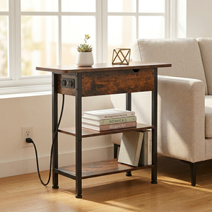 <span class=keywords><strong>Table</strong></span> rustique à 2 niveaux avec ports USB Type-C et prises pour petits espaces, <span class=keywords><strong>table</strong></span> d'appoint en métal noir avec station de charge - Product Image 3