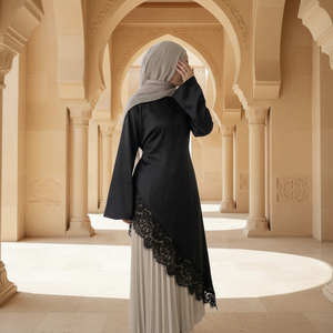 Abbigliamento Islamico 2026 Loriya Abaya Modesto Starlight Asimmetrico in Pizzo e Raso, Abiti da Donna di Dubai, <span class=keywords><strong>Vestito</strong></span> Lungo Modesto con Top in Pizzo - Product Image 1