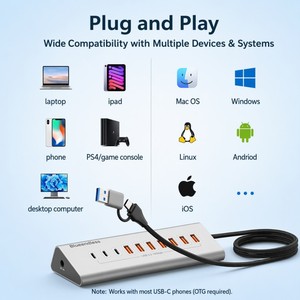 Hub in Alluminio USB-A 10Gbps e USB-C 10Gbps a 7/10 Porte per Sincronizzazione Dati, Splitter Hub USB 3.2 Tipo C con Adattatore di Alimentazione 12V/3A - Product Image 5