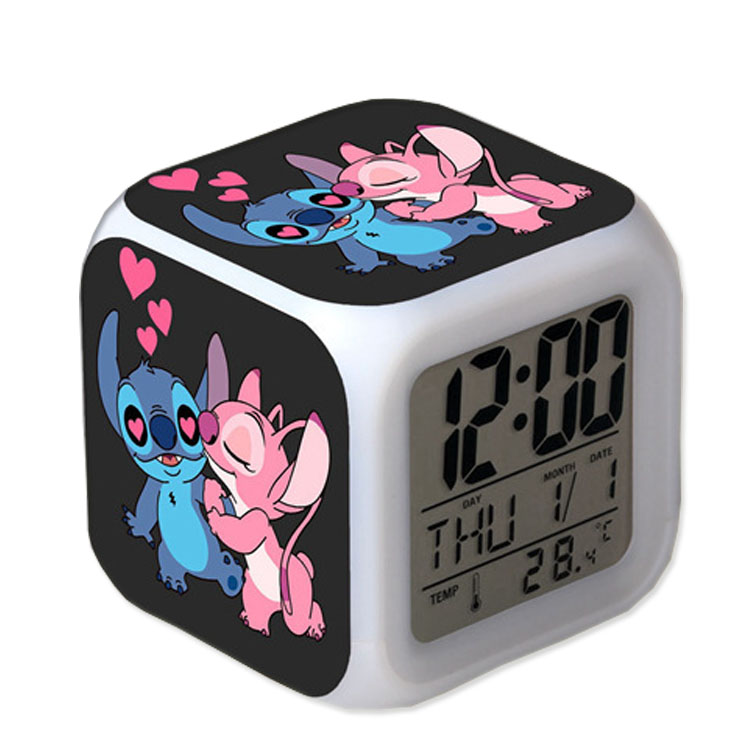 Мультяшный синий детский светящийся будильник Стич Детский подарок красочный цвет меняющий квартет будильник