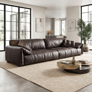 Divano di Lusso in Pelle Marrone Scuro Plissettato, Elegante Divano Oversize per Arredamento Moderno e Spazioso del Soggiorno - Product Image 2