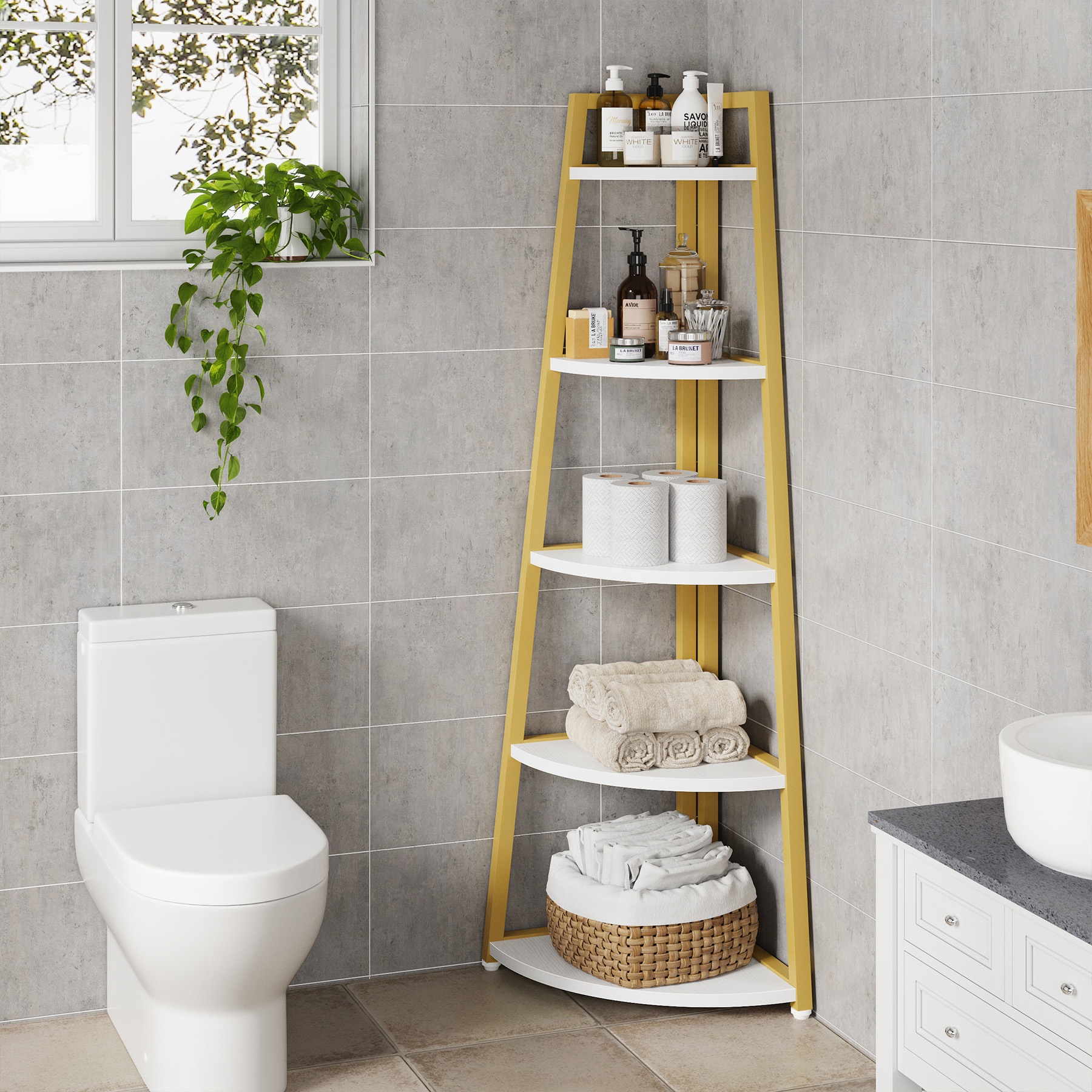 Scaffale Angolare 4 Ripiani In PVC Bianco - Libreria A Scala Per Soggiorno E Bagno - 4