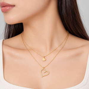 Layered Heart Necklace Stainless Steel 14K <b>Gold</b> Vacuum Plated Double Chain Pendant Jewelry - Product Image 5
