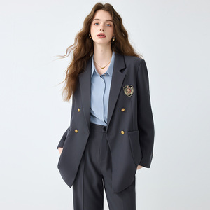 Women's Suit Set Double Breasted Blazer With Emblem Pants Elegant Business Leisure Wear Anti-Wrinkle Worsted Fabric Full Sleeve - Product Image 1