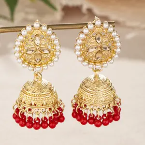 Indian Style Vintage Water Droplet Design Inlaid With Pearl Rhinestone Tassel Alloy Bell Earrings Ladies