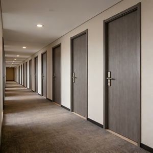 Porte en bois insonorisée et étanche <span class=keywords><strong>46</strong></span> dB pour hôtel, gris foncé, grain droit, placage PVC composite, design minimaliste, bureau, chambre - Product Image 2