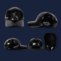 Topi Baseball Kulit Asli Hitam Logo Kustom 6 Panel Snapback Mengkilap untuk Pria Wanita Streetwear