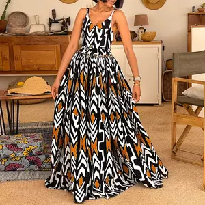 Algodão Africano Mulheres Vestuário Pavimento Comprimento Backless Party Dress Vestido Africano para Mulheres