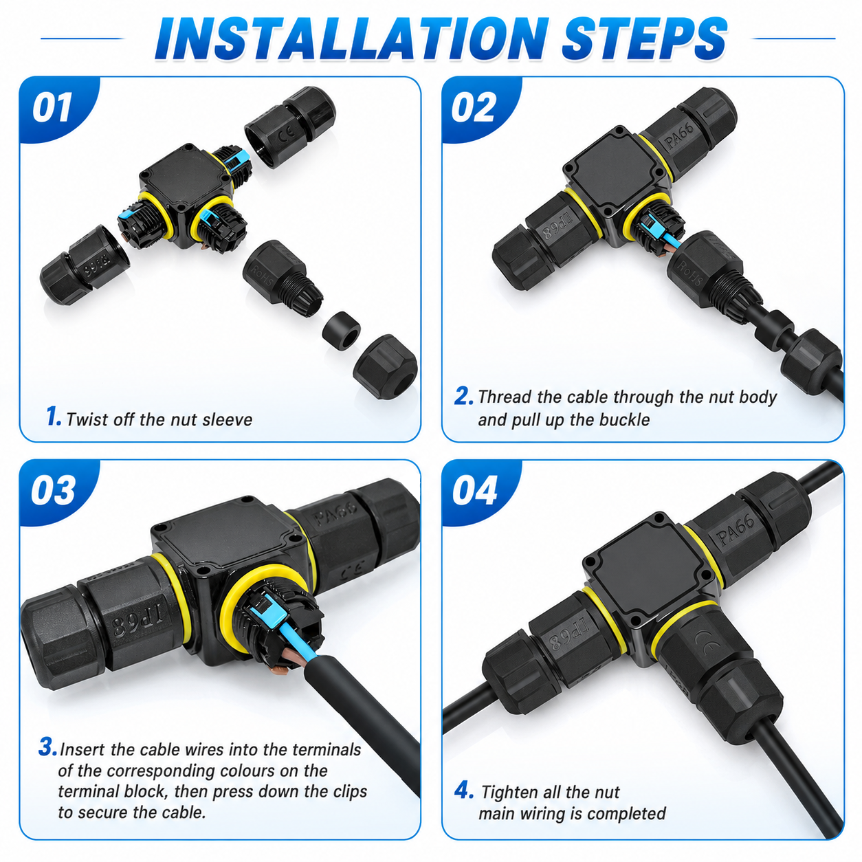 M20 IP68 Screwless 3 Way T-Shape Waterproof Cable Connector