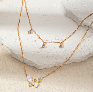 L316 Acier inoxydable brillant Zircon papillon double couche glands collier pour les femmes conception délicate bijoux en gros - Product Image 5