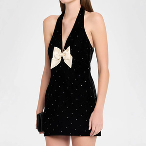 Vestido Mini Elegante de Fiesta Formal para Mujer con Cuello Halter, Corte A, Cintura Natural, Transpirable, Ligero, de Lujo, con Lazo y Pedrería Hotfix - Product Image 2