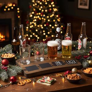 Ensemble de dégustation de bières avec quatre verres de pub de 6 oz et plateau de service et de rangement en bois brun foncé - Product Image 5