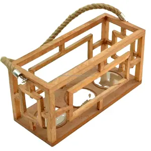 Linterna de vela de madera con tres luces, acabado de pulido de madera Natural, forma Rectangular con mango de cuerda para decoración del hogar - Product Image 1