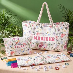 Sac fourre-tout Mahjong imprimé fleurs avec pochette pour tuiles et étui à dés, fermeture éclair en polyester, accessoires de jeu unisexes - Product Image 4