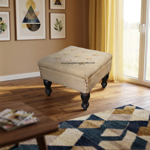 Pouf ottoman carré en bois, cuir et toile, design rustique, aspect antique, artisanat Jangid, meubles faits à la main - Product Image 1