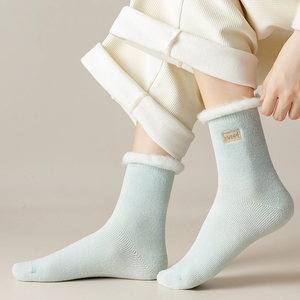 Calcetines gruesos de invierno para mujeres y niñas, cálidos, peludos, esponjosos, bordados, terciopelo, Coral, forro polar, Color macarrón, calcetines de dormir de Color sólido - Product Image 4