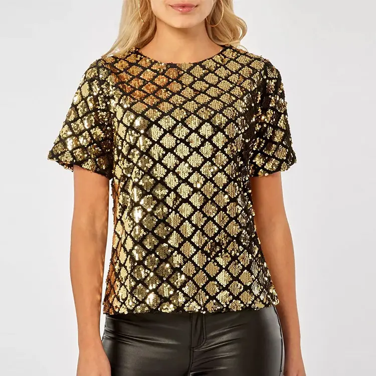Personalizado de oro y diamante negro Top de lentejuelas de las mujeres de manga corta de cuello redondo ropa blusa de las mujeres