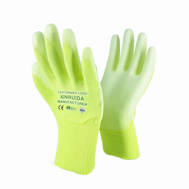 HI-VIS PU Gloves Oem EN 388 Green PU Finish Coated Work Safety Gloves