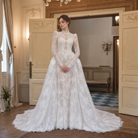Robe de mariée sirène à manches longues, col rond, dentelle française, traîne détachable 2-en-1, dos nu, grande taille, maternité