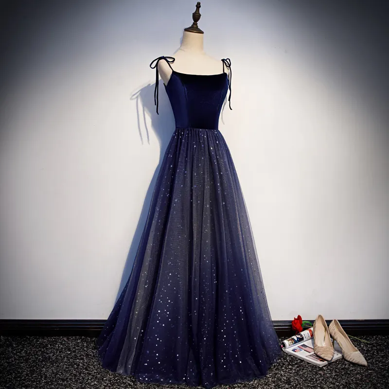 Vintage Blue Velvet A-Linie boden langes Ballkleid mit Spaghetti trägern Rücken Schnürung Ärmellose Abendkleider