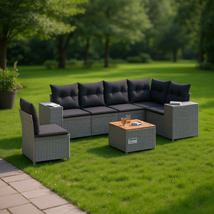 ชุดโซฟาหวายสีเทาสำหรับสวน 6 ที่นั่ง โครงเหล็กเคลือบสีฝุ่น เฟอร์นิเจอร์กลางแจ้ง ดีไซน์ร่วมสมัย - Product Image 2