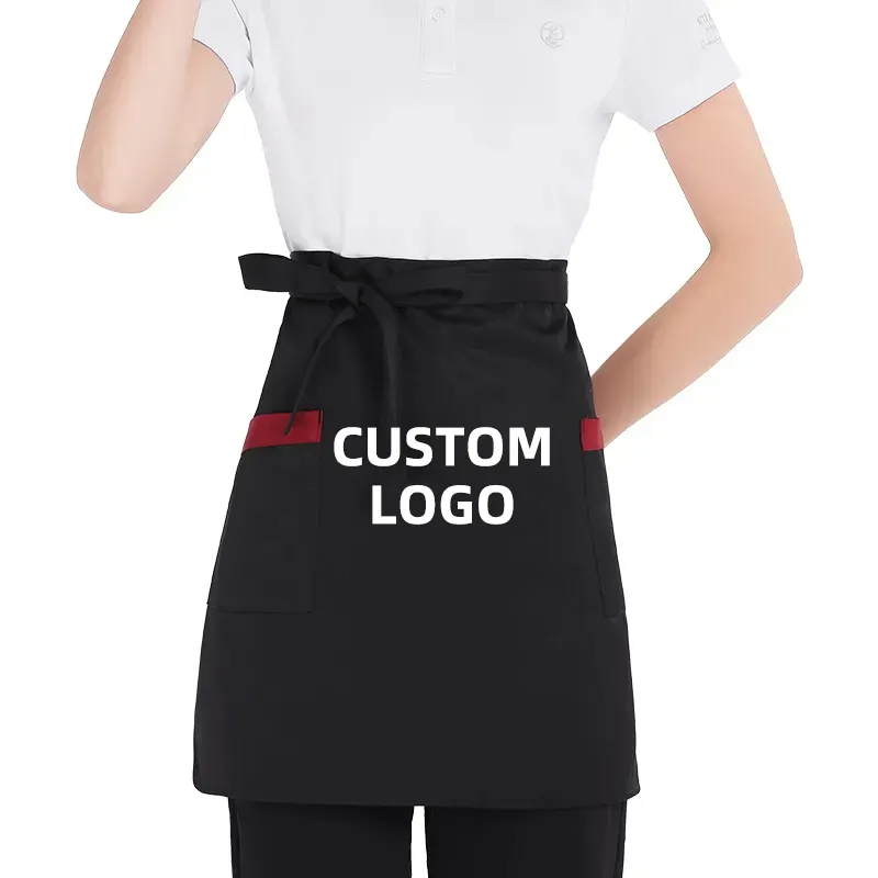 Tabliers de taille de bistrot noirs demi-longueur pour hommes avec grandes poches imprimés de logo personnalisé pour la cuisine
