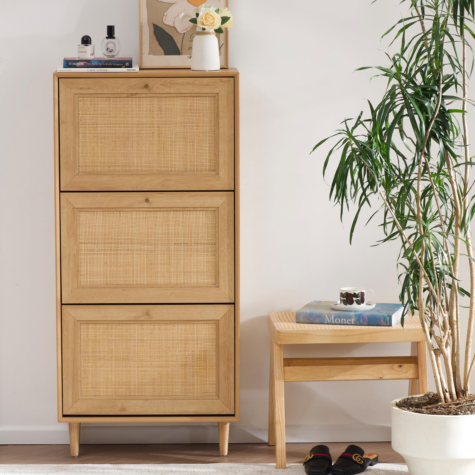 Schuhaufbewahrung mit 3 Kippfchern, Verdeckter Freistehender Schuhschrank  mit Tren aus Naturrattan, Schmaler Bambus-Schuhschrank| Alibaba.com