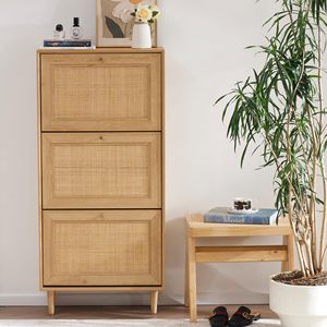 <strong>Shoe</strong> <strong>Storage</strong> With 3 Flip Drawers Hidden Freestanding <strong>Shoe</strong> Rack With Natural <strong>Rattan</strong> Doors Narrow Bamboo <strong>Shoe</strong> Cabinet - Product Image 2