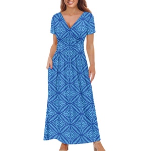 Verano Wrap cuello en V manga corta Casual A-line mujeres personalizado polinesio Tribal Tapa azul fiesta elegante bolsillos Maxi vestidos 2023 - Product Image 1