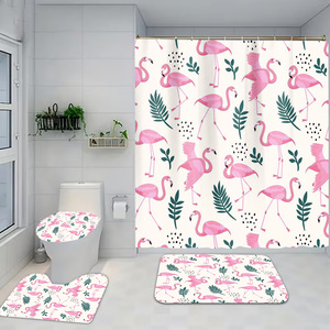 Ensemble de salle de bain 4 pièces avec <span class=keywords><strong>rideau</strong></span> de douche en polyester imperméable à imprimé <span class=keywords><strong>flamant</strong></span> rose mignon personnalisé, tapis et couvercle de toilette - Product Image 1