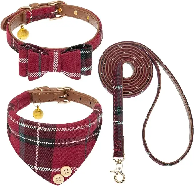 Bow Tie Dog Collar and Leash Set Classic Plaid Adjustable Dogs Bandana and Collars with Bell for Puppy Cats Set