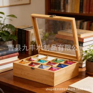 กล่องเก็บถุงชาและกาแฟไม้พร้อมฝาแก้ว 31.7X28X11.4 ซม. หลายช่องสำหรับถุงชาสมุนไพรและชานม - Product Image 3