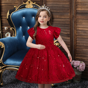 Girls' <b>Red</b> Tulle Dress O-Neck A-Line <b>Sequin</b> Princess Wedding Flower Girl Outfit - Product Image 1