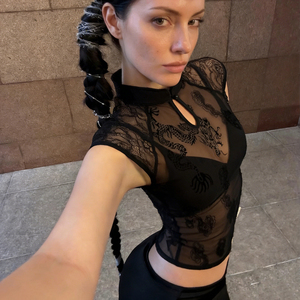 Chinese Style Dragon Embroidery Mesh Top Cheongsam Collar Cut Out Short Sleeve Slim Fit Sexy Hot Girl Casual Tee - Product Image 5