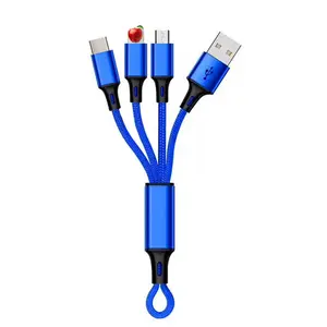 适用于三星ios/安卓智能手机的3in1 USB微型USB/C型电缆多USB充电短旅行钥匙扣软线