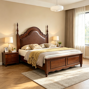 New Arrival Arched Brown Leather Upholstered Four Poster Solid Wood Bed with Carved Leg Nightstands - Product Image 2