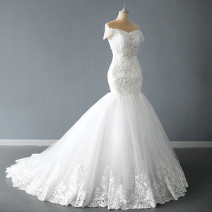 Wedding Dress Mermaid Silhouette Off Shoulder Sweetheart Neckline Lace White Floor Length Simple Train - Product Image 3