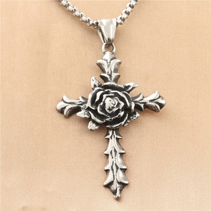 European American Style Stainless Steel <b>Cross</b> Pendant <b>With</b> Rose Design Men's Necklace Gift 190163 - Product Image 1