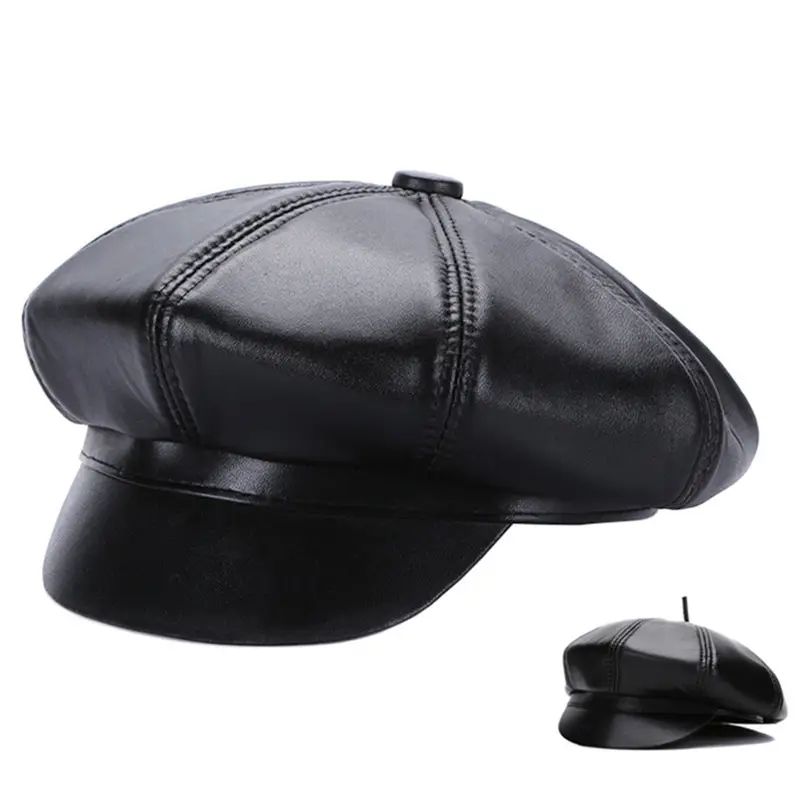 Spring fall leather sheepskin newsboy hats women duck tongue painter newsboy hat for men