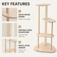 Arbre à chat en bois naturel pour chats d'intérieur avec plateformes multi-niveaux, poteau en corde de sisal, base épaisse, durable, pour la maison et les animaleries