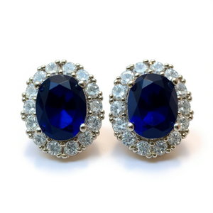 Boucles d'oreilles classiques pour femme en saphir, taille ovale, sertissage griffe, bijoux fins de mariage - Product Image 1