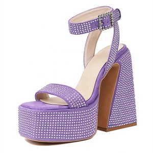 Sandales à talon épais et brillant avec strass, bout carré, plateforme et bride cheville, pour femme, taille 43 - Product Image 3