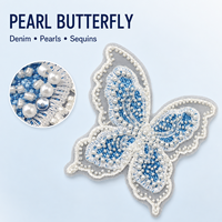 Mini Patch Papillon en Denim Bleu avec Appliques de Perles et Paillettes, Bordure Brodé à Coudre pour Jupes, Vestes, Sacs et Projets DIY