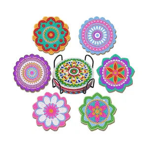 5D diamante pintura posavasos mandala flor DIY Diamante de un solo lado acrílico conjunto de 6 piezas con caja de color