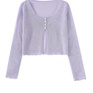 Women's Thin Knitted Crop <b>Cardigan</b> Long Sleeve Solid Color Breathable Loose Fit Single Breasted Wavy <b>Edge</b> Top - Product Image 1